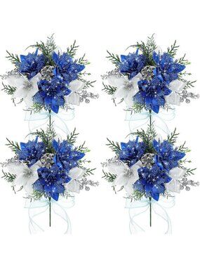 4 Pack Faux Velvet Poinsettia & Berry Xmas Bushes - Classic Blue Holiday Decor